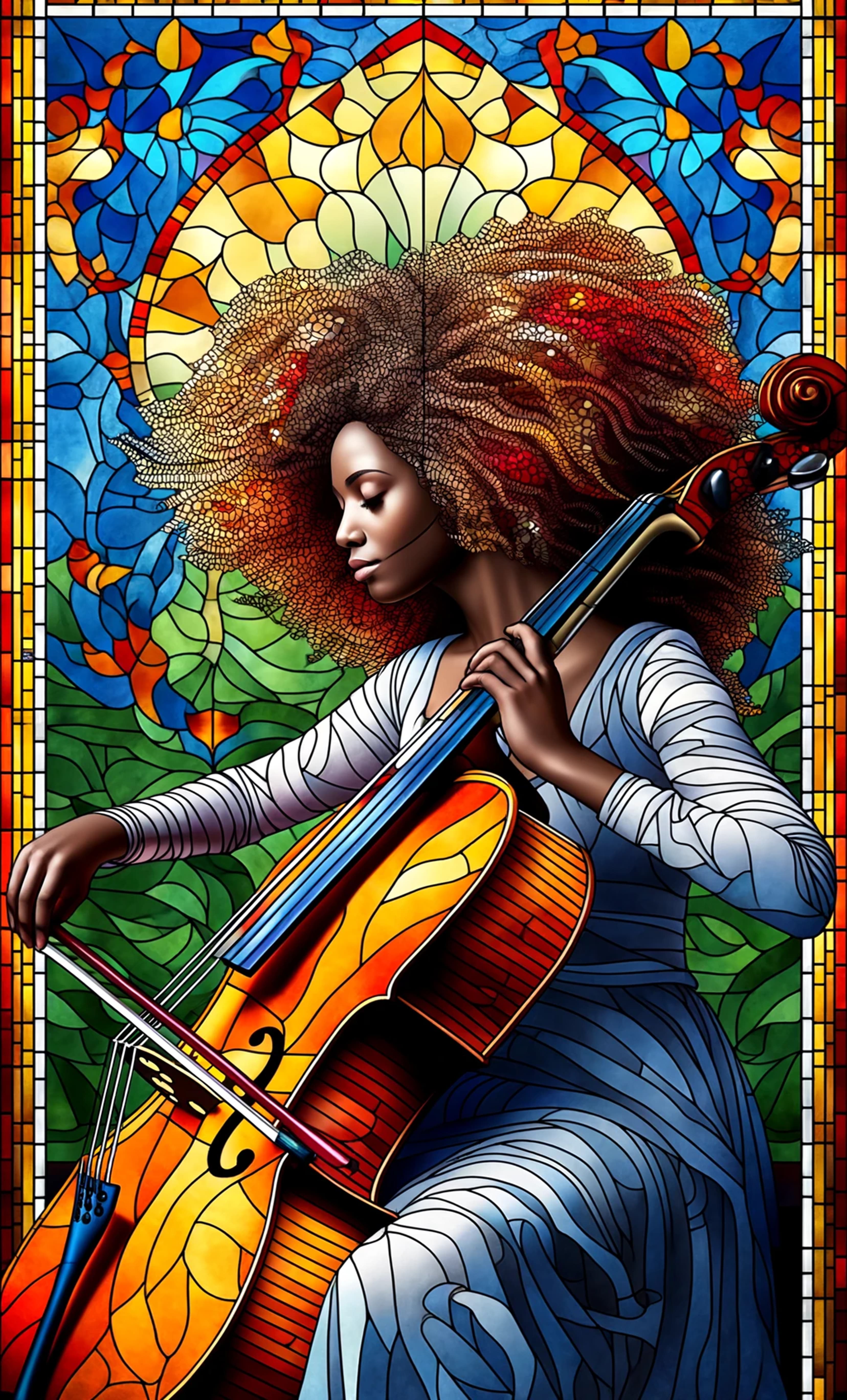 Stained glass window: cello