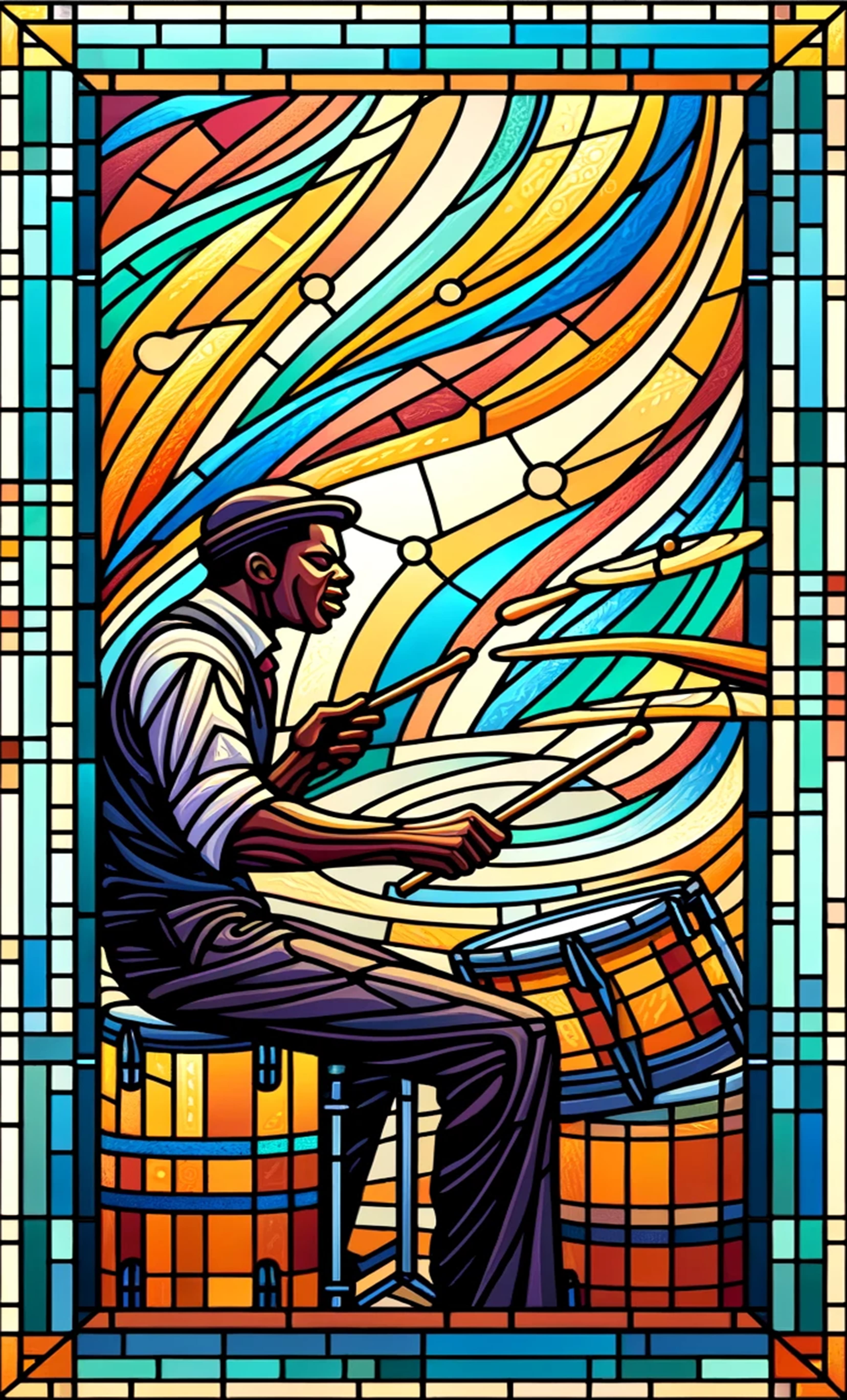 Stained glass window: drums