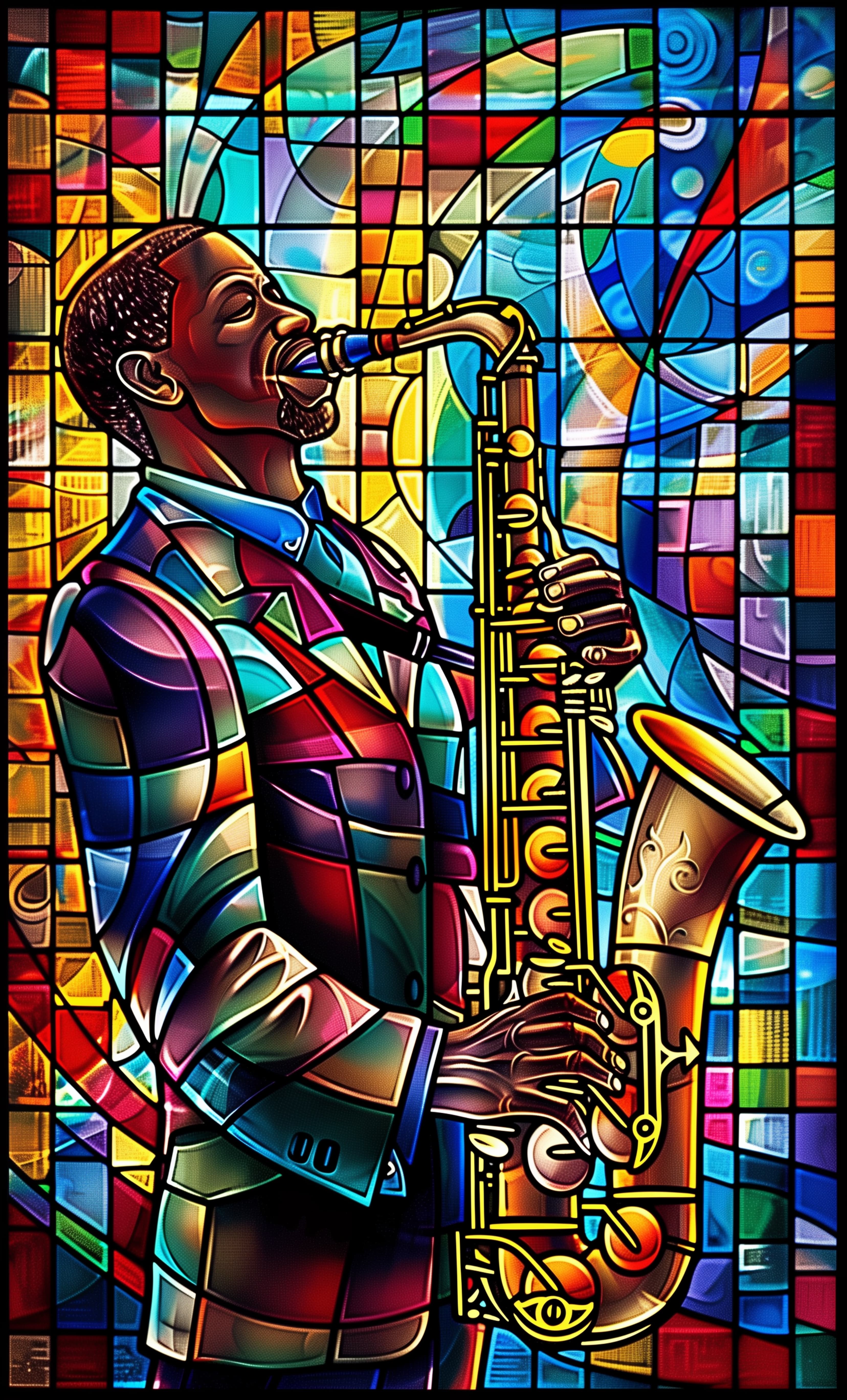 Stained glass window: saxophone